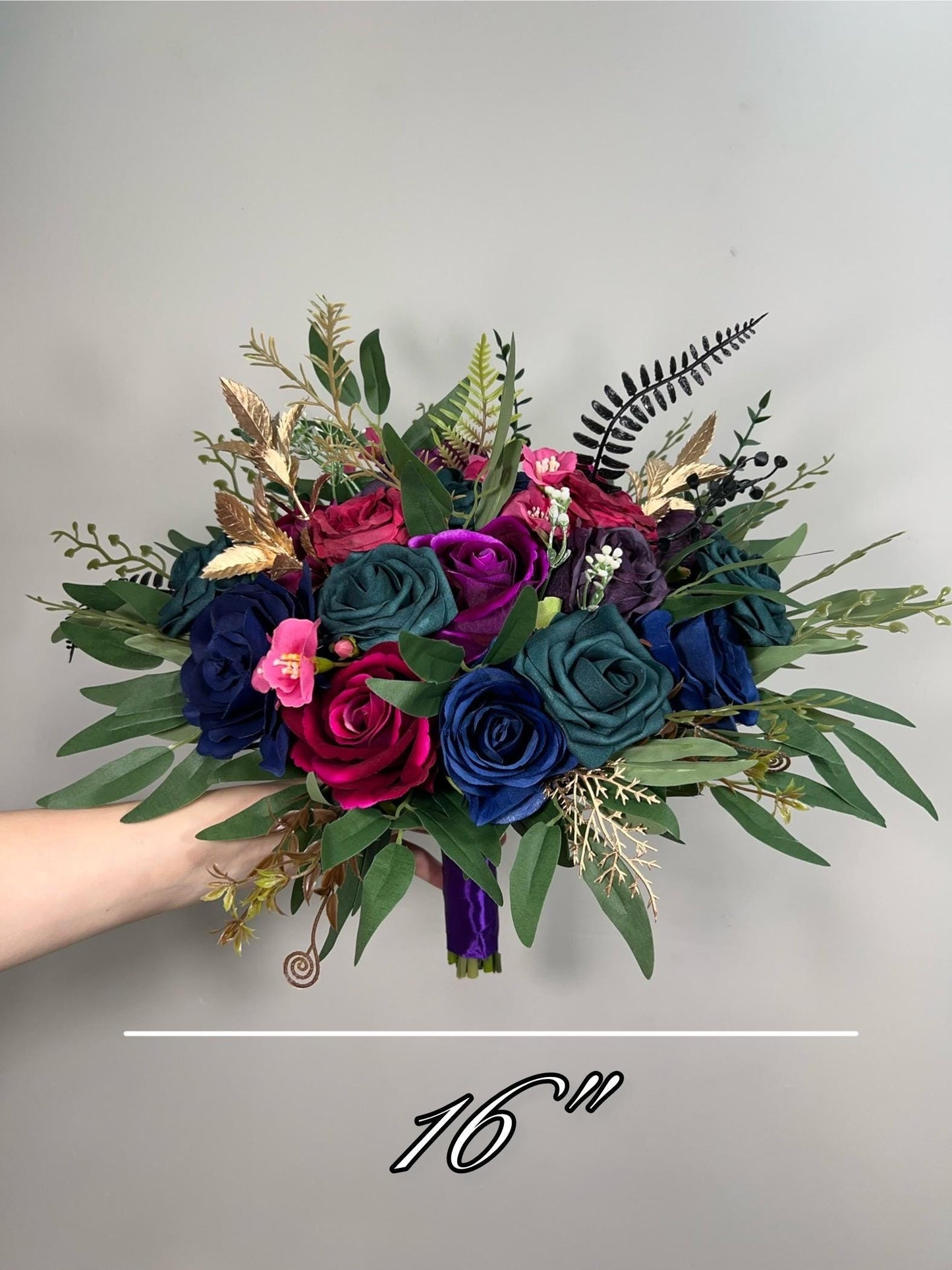 Jewel Tones Wedding Bouquet, Bridal Cascading Navy Hot Pink Bouquet, Cascade Bouquet Fuchsia Teal Blue Purple, Gem Colors Bridesmaids Flower