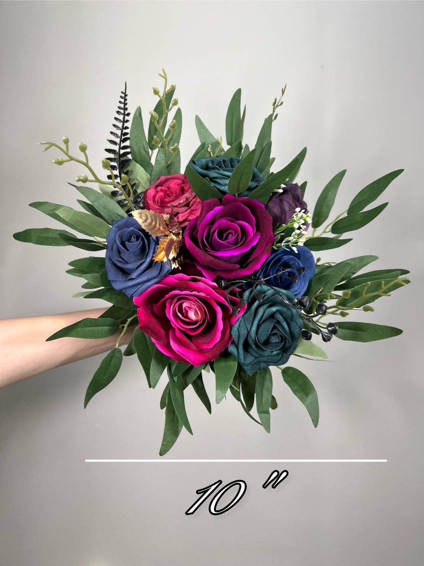 Jewel Tones Wedding Bouquet, Bridal Cascading Navy Hot Pink Bouquet, Cascade Bouquet Fuchsia Teal Blue Purple, Gem Colors Bridesmaids Flower