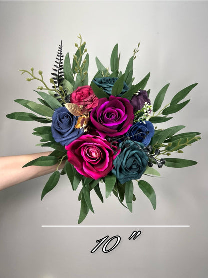 Jewel Tones Wedding Bouquet, Bridal Cascading Navy Hot Pink Bouquet, Cascade Bouquet Fuchsia Teal Blue Purple, Gem Colors Bridesmaids Flower