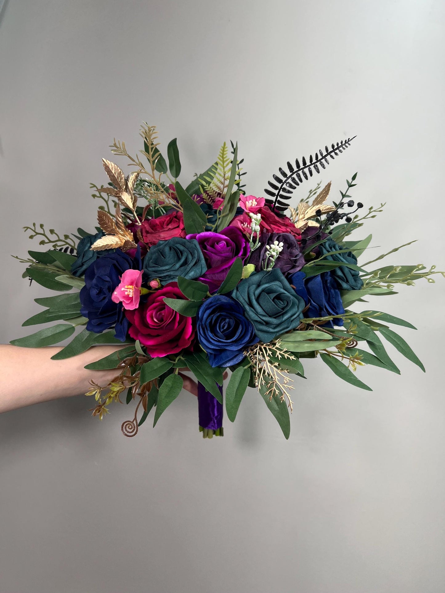 Jewel Tones Wedding Bouquet, Bridal Cascading Navy Hot Pink Bouquet, Cascade Bouquet Fuchsia Teal Blue Purple, Gem Colors Bridesmaids Flower