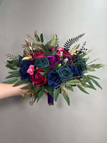 Jewel Tones Wedding Bouquet, Bridal Cascading Navy Hot Pink Bouquet, Cascade Bouquet Fuchsia Teal Blue Purple, Gem Colors Bridesmaids Flower
