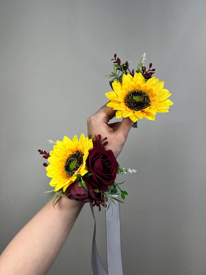 Sunflower Corsage Burgundy Wedding Sunflowers Wrist Corsage Maroon Sunflower Baby Breath Corsage Bridesmaids Wine Red Sunflower Prom Corsage