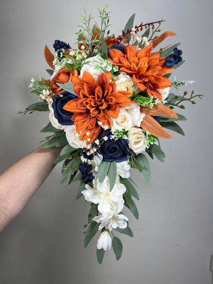 Navy Blue Terracotta Bouquet White Rust Dark Blue Bouquet Bridal Burnt Orange Navy Blue Ivory Bouquet Bridesmaids Sage Green Artiticial