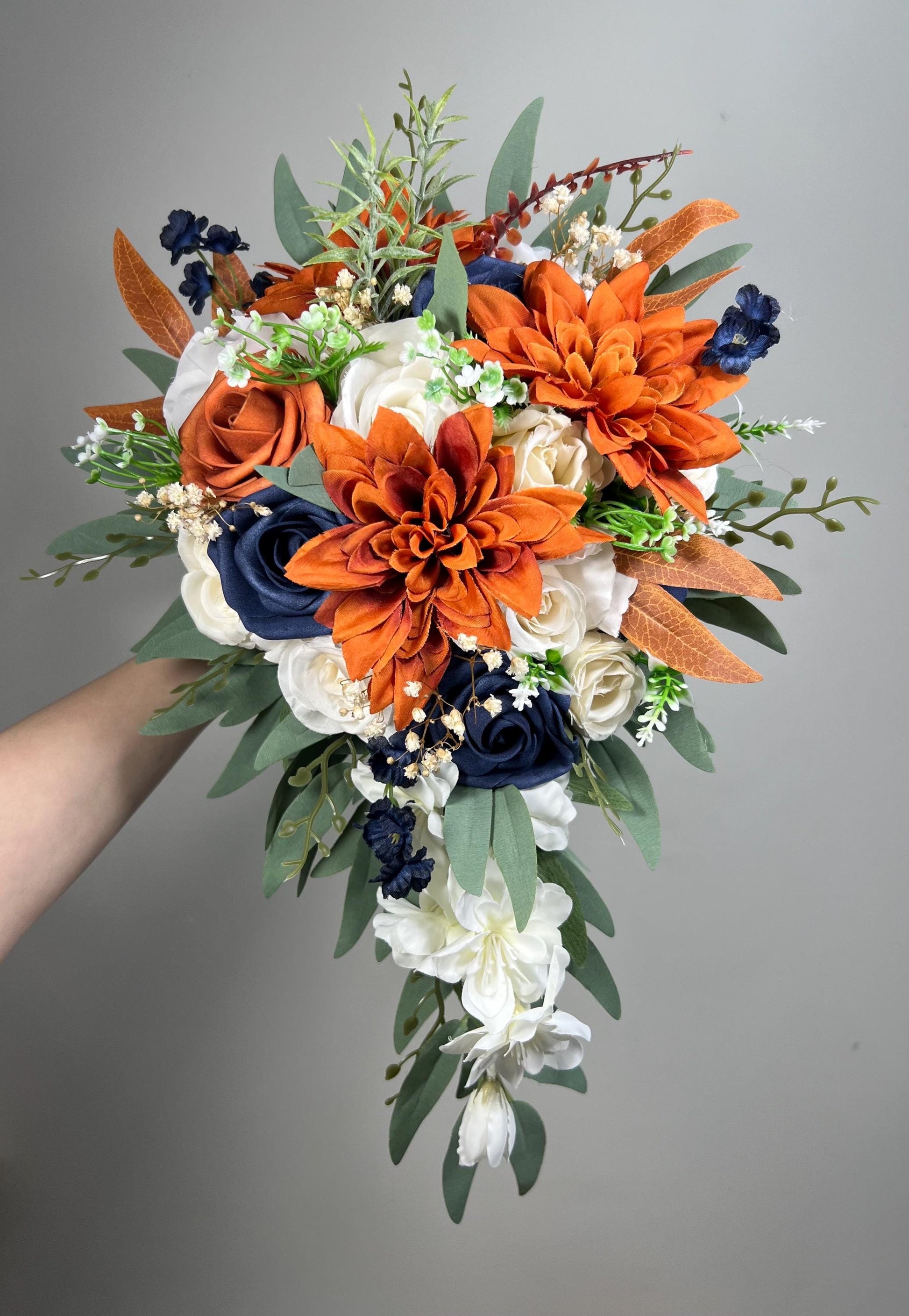 Navy Blue Terracotta Bouquet White Rust Dark Blue Bouquet Bridal Burnt Orange Navy Blue Ivory Bouquet Bridesmaids Sage Green Artiticial