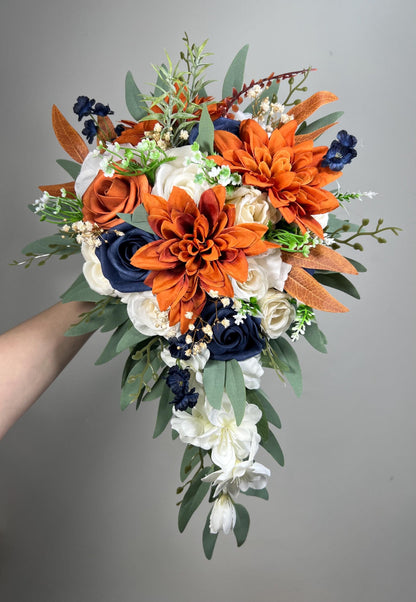 Navy Blue Terracotta Bouquet White Rust Dark Blue Bouquet Bridal Burnt Orange Navy Blue Ivory Bouquet Bridesmaids Sage Green Artiticial