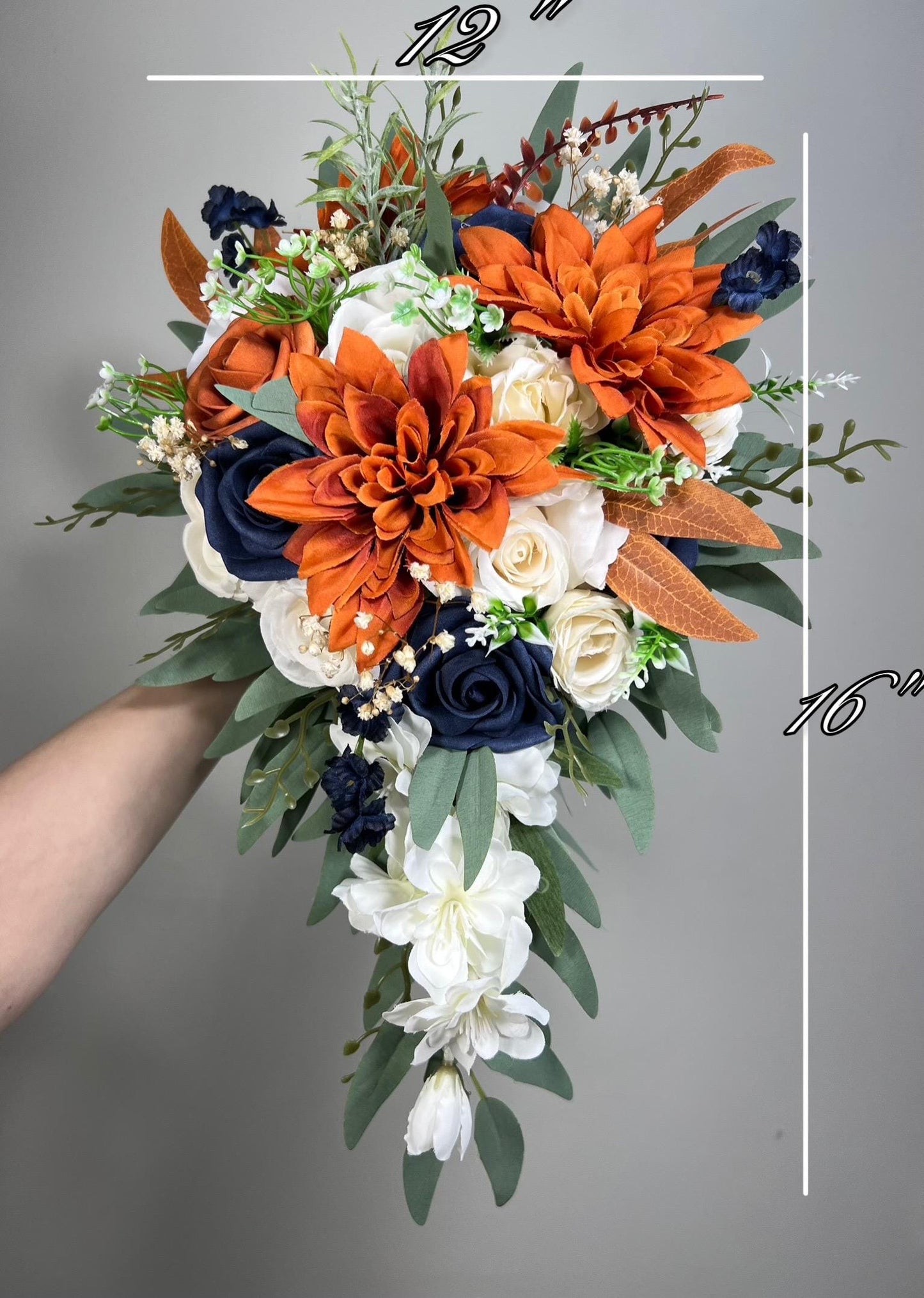 Navy Blue Orange Bouquet Cascade White Rust Blue Bouquet Bridal Cascading Terracotta Navy Blue Ivory Bouquet Bridesmaids Burnt Orange