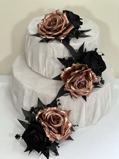 Rose Gold Cake Decor Black Flower Artificial Wedding Gothic Cake Topper Flowers Black Rose Gold Cake Decoration Black Cake Arrangement
