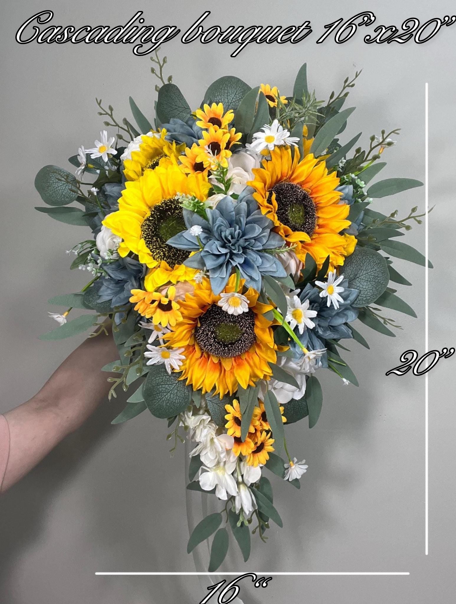 Sunflower Dusty Blue Bouquet Wedding Cascading Sunflower Bridal Bouquet Dusty Blue Cascade Bridesmaids Bouquet Yellow Sunflowers Blue