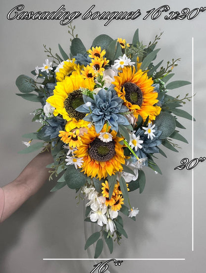 Sunflower Dusty Blue Bouquet Wedding Sunflower Bridal Bouquet Dusty Blue Yellow Sunflowers Bridesmaids Bouquet Dusty Blue Sunflower White