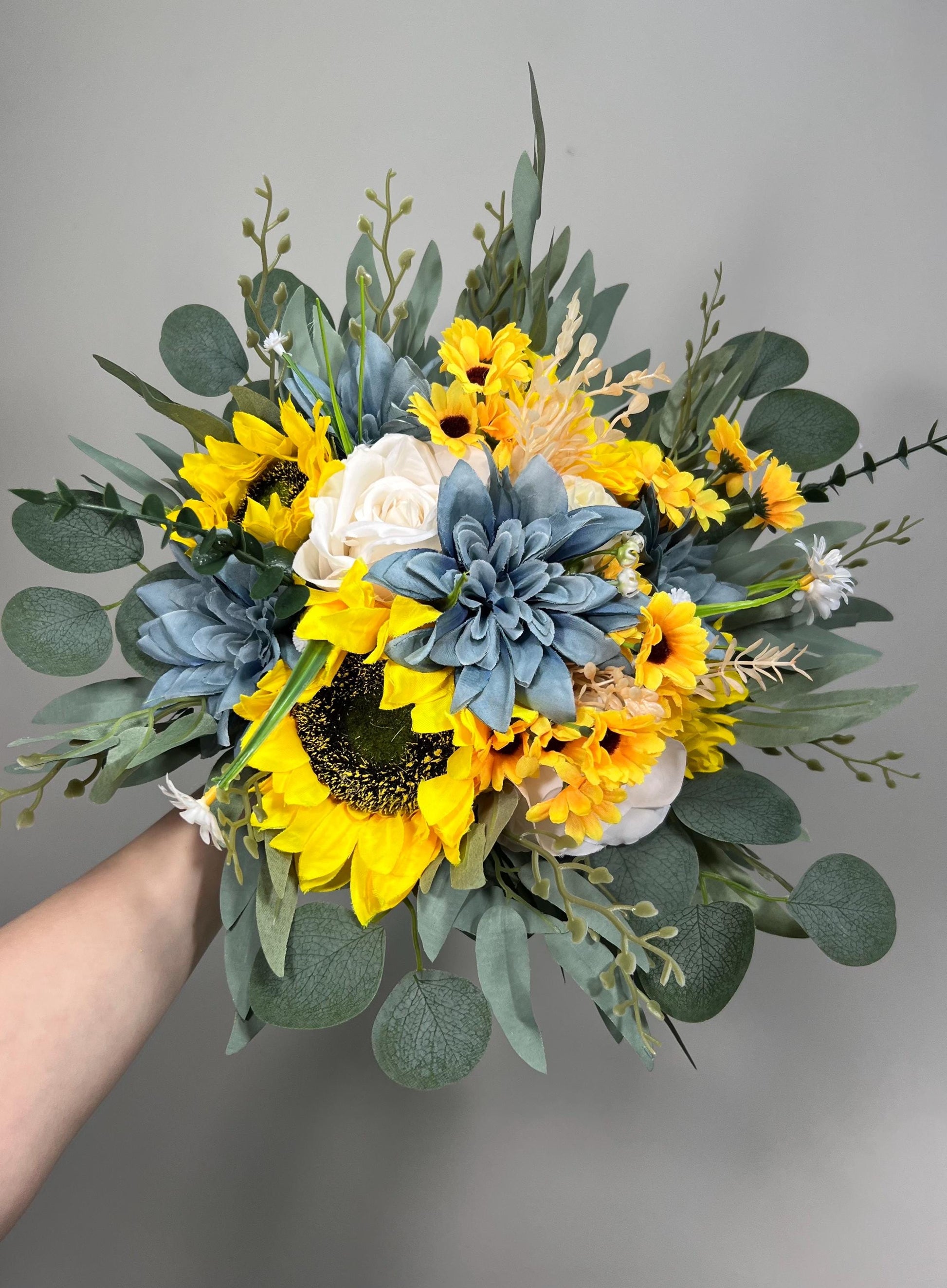 Sunflower Dusty Blue Bouquet Wedding Sunflower Bridal Bouquet Dusty Blue Yellow Sunflowers Bridesmaids Bouquet Dusty Blue Sunflower White