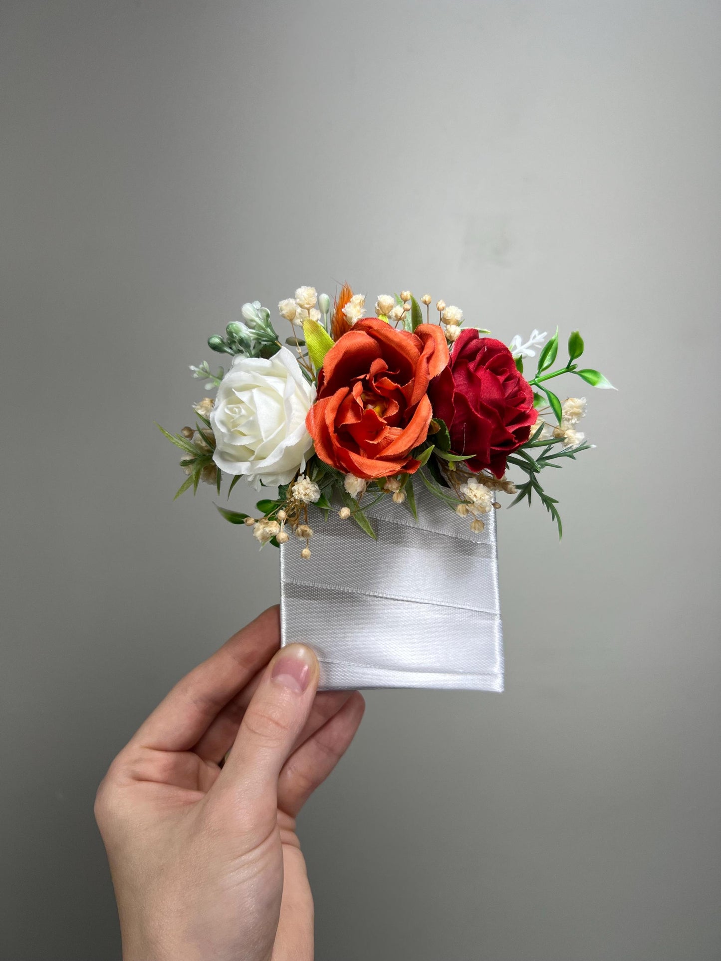Wedding Pocket Boutonniere Terracotta Groom Boutonnière Square Groomsmen Rust White Burnt Orange Ivory Boutonniere Red Artificial Flowers