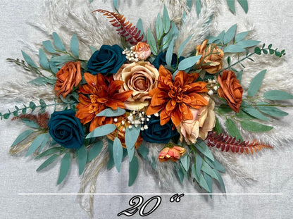 Dark Teal Bouquet Wedding Bridal Terracotta Bridesmaids Orange Bouquet Dark Teal Rust Artificial Flowers Teal Burnt Orange Pampas Grass