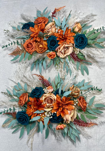 Dark Teal Bouquet Wedding Bridal Terracotta Bridesmaids Burnt Orange Rust Artificial Flowers Boho Pampas Grass
