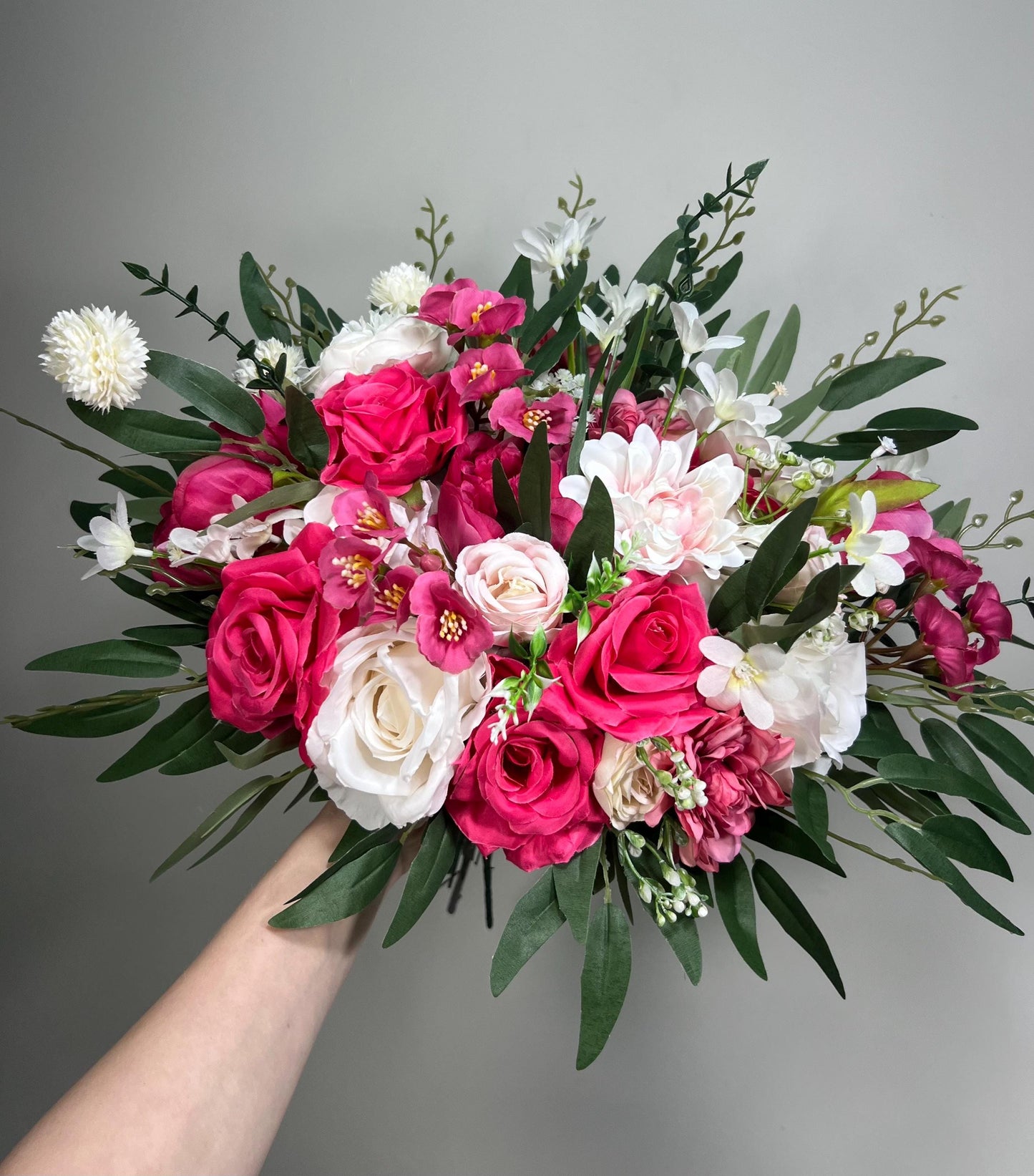 Wedding Fuchsia Bouquet Bridal Magenta Bridesmaids Bouquet Hot Pink Peony Deep Pink Neon Pink Bouquet White Artificial Flower Wild