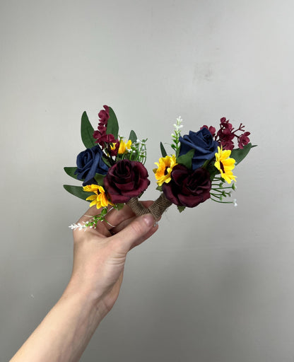 Sunflowers Corsage Wedding Burgundy Navy Blue Sunflower Corsage Wrist Bridesmaids Sunflowers Corsage Maroon Navy Blue Dark Corsage Fall