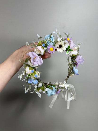 Wedding Flower Crown Blue Lavender White Flower Artificial Crown Wild Flowers Lilac Bridal Headbank Blue Wreath Crown Hair Summer
