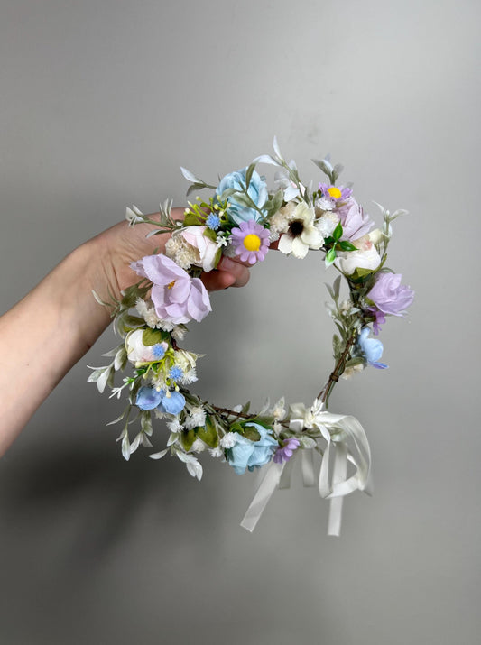 Wedding Flower Crown Blue Lavender White Flower Artificial Crown Wild Flowers Lilac Bridal Headbank Blue Wreath Crown Hair Summer