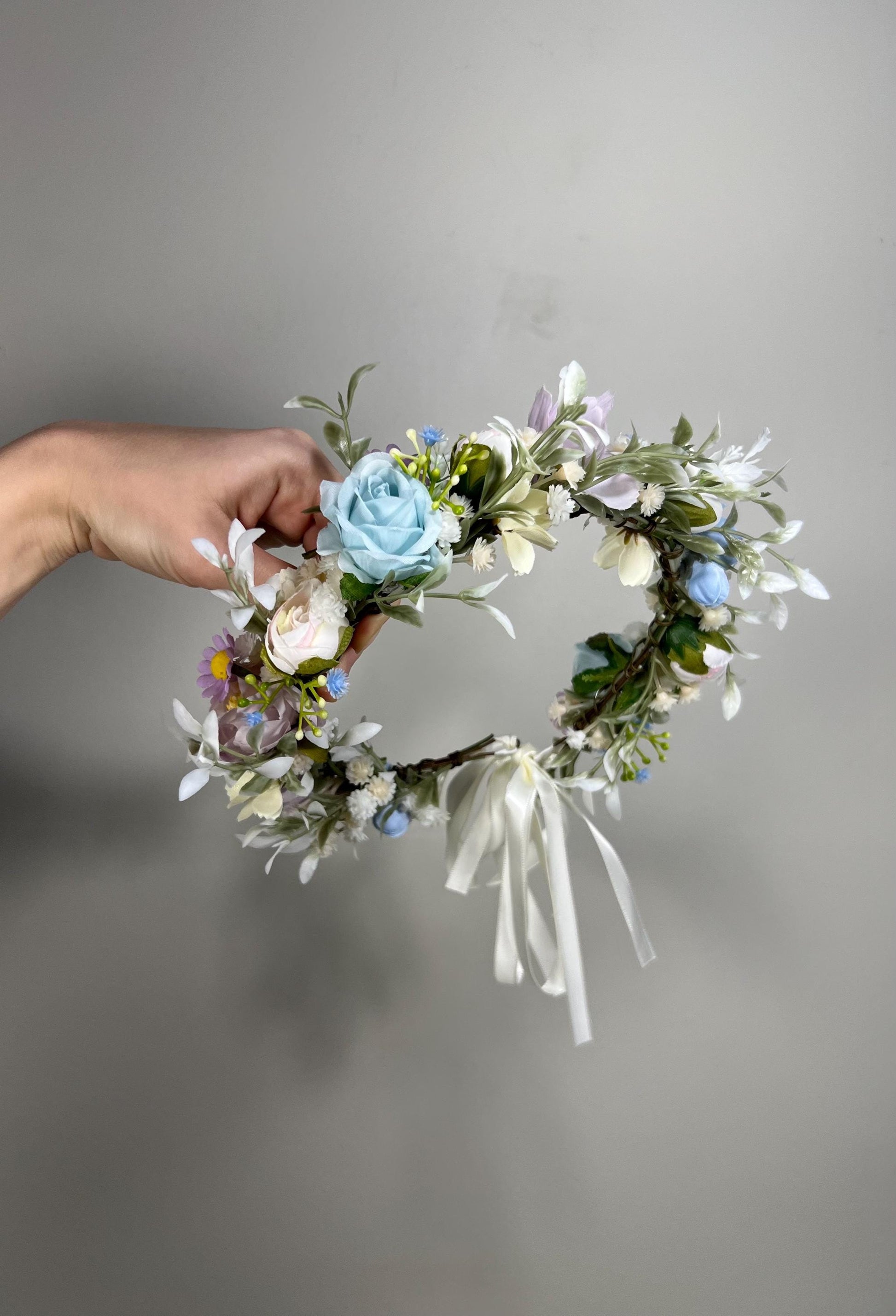 Wedding Flower Crown Blue Lavender White Flower Artificial Crown Wild Flowers Lilac Bridal Headbank Blue Wreath Crown Hair Summer