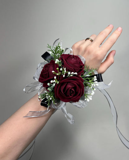 Burgundy Corsage Wedding Wrist Corsage Maroon Mom Corsage Wine Red Baby Breath Bridesmaids Corsage Prom Burgundy Artificial Flower