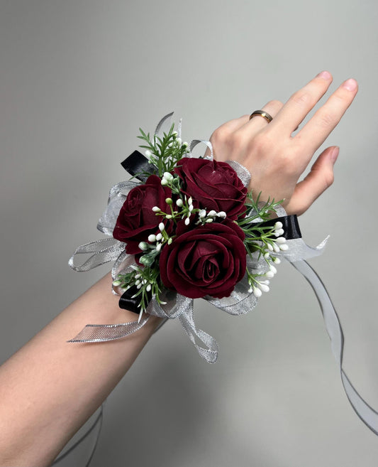 Burgundy Corsage Wedding Wrist Corsage Maroon Mom Corsage Wine Red Baby Breath Bridesmaids Corsage Prom Burgundy Artificial Flower