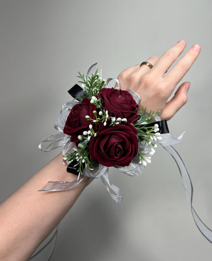 Burgundy Corsage Wedding Wrist Corsage Maroon Mom Corsage Wine Red Baby Breath Bridesmaids Corsage Prom Burgundy Artificial Flower