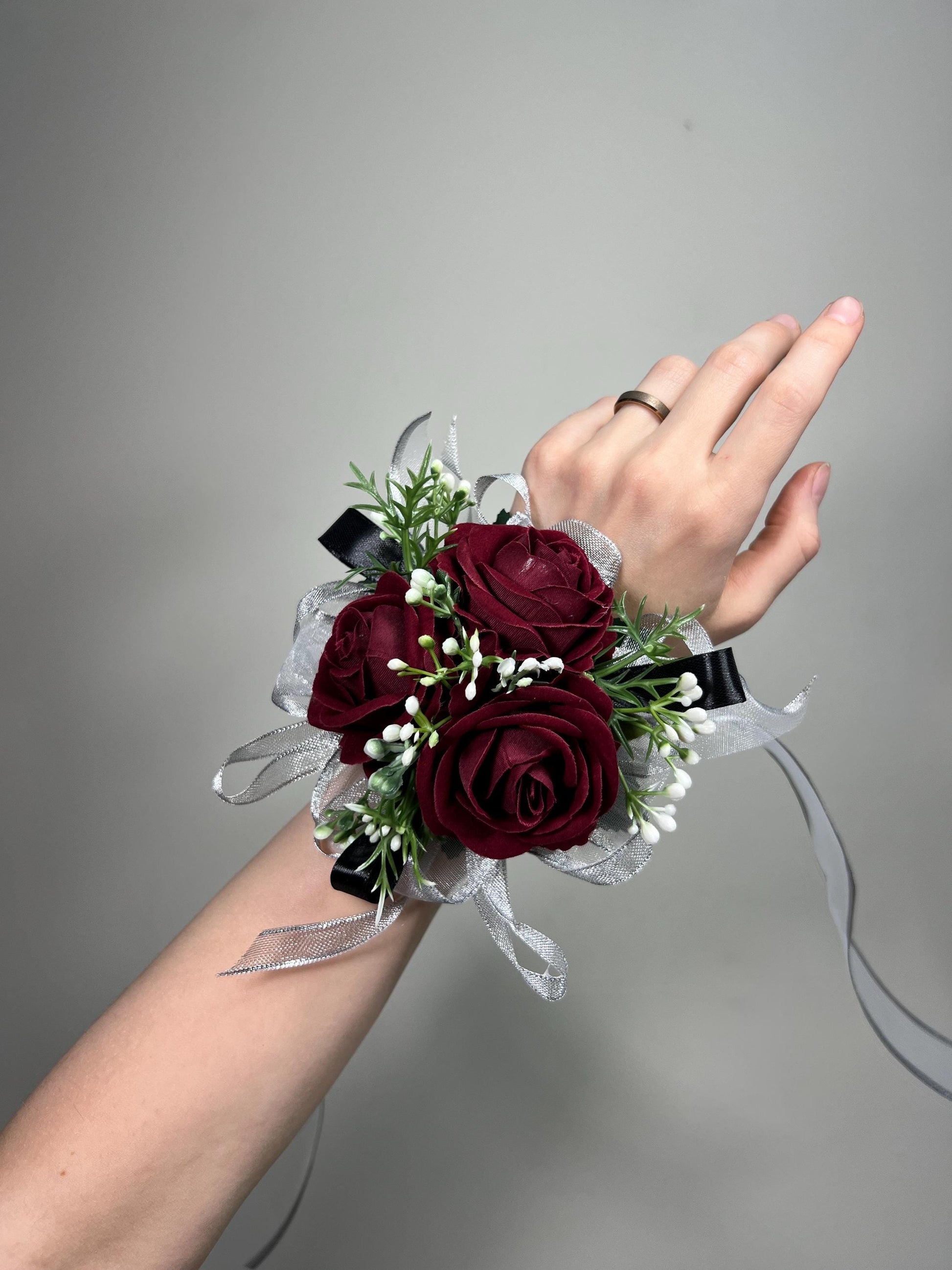 Burgundy Corsage Wedding Wrist Corsage Maroon Mom Corsage Wine Red Baby Breath Bridesmaids Corsage Prom Burgundy Artificial Flower
