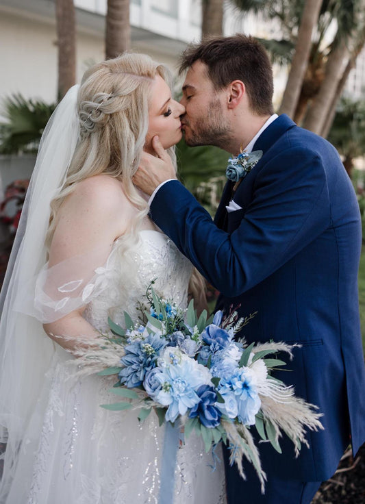 Blue White Bouquet Bridal Boho Light Blue Bouquet Pampas Grass White Dusty Blue Bouquet Bridesmaids Eucalyptus Artificial Flower
