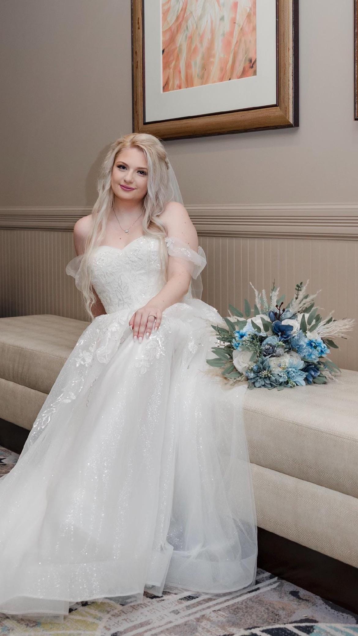 Blue White Bouquet Bridal Boho Light Blue Bouquet Pampas Grass White Dusty Blue Bouquet Bridesmaids Eucalyptus Artificial Flower