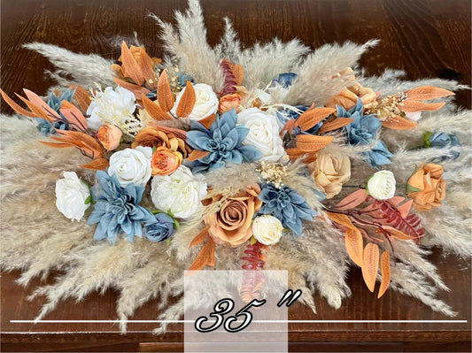 Wedding Sweetheart Dusty Blue Terracotta White Burnt Orange Centerpiece Boho Table Decor Blue Rust Pampas Grass Table Centerpiece Orange