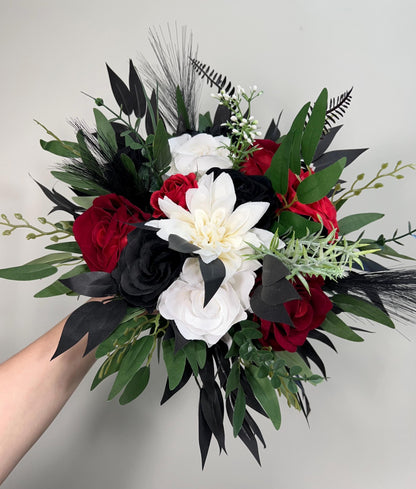 Black Red Bouquet White Wedding Bridal Gothic Bridesmaids Bouquet Dark Red Black Ivory Eucalyptus Baby Breath Artificial Flowers