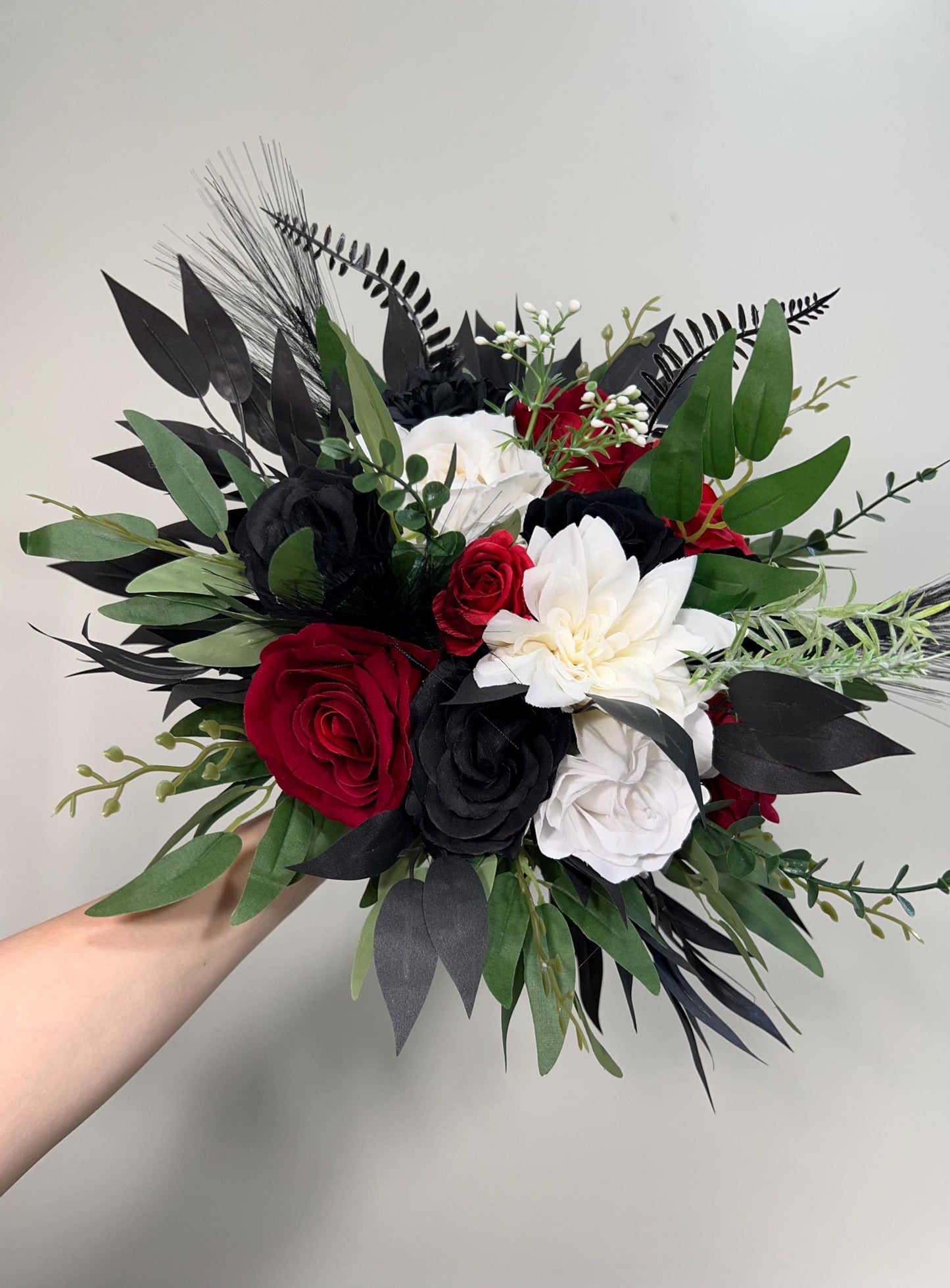 Black Red Bouquet White Wedding Bridal Gothic Bridesmaids Bouquet Dark Red Black Ivory Eucalyptus Baby Breath Artificial Flowers