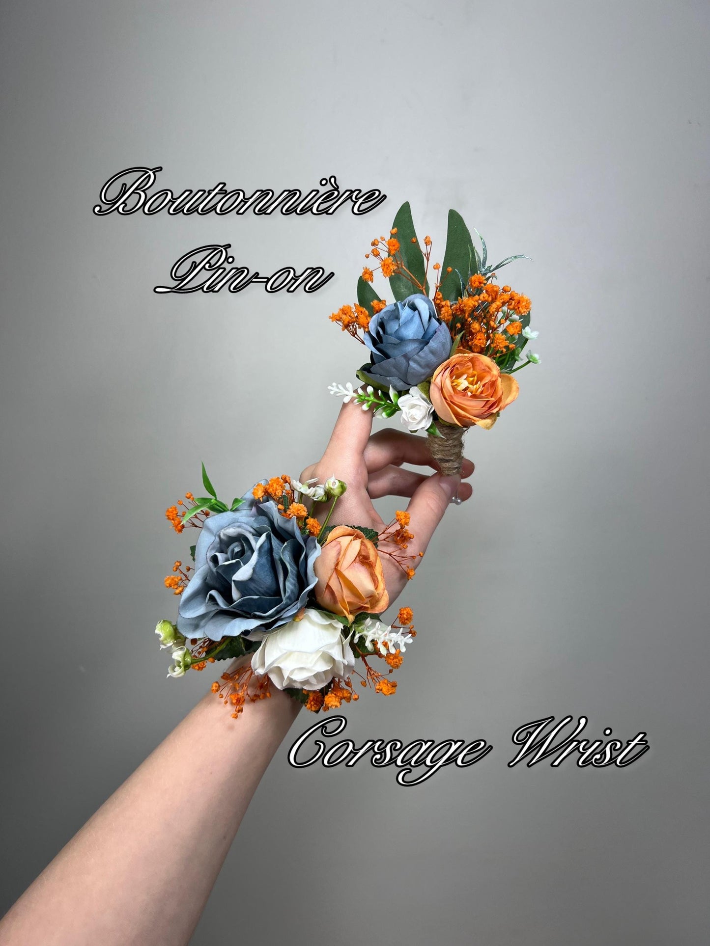 Dusty Blue Orange Corsage Wedding Blue Terracotta Wrist Corsage Dusty Blue Burnt Orange Corsage Bridesmaids White Blue Orange Mom Corsage