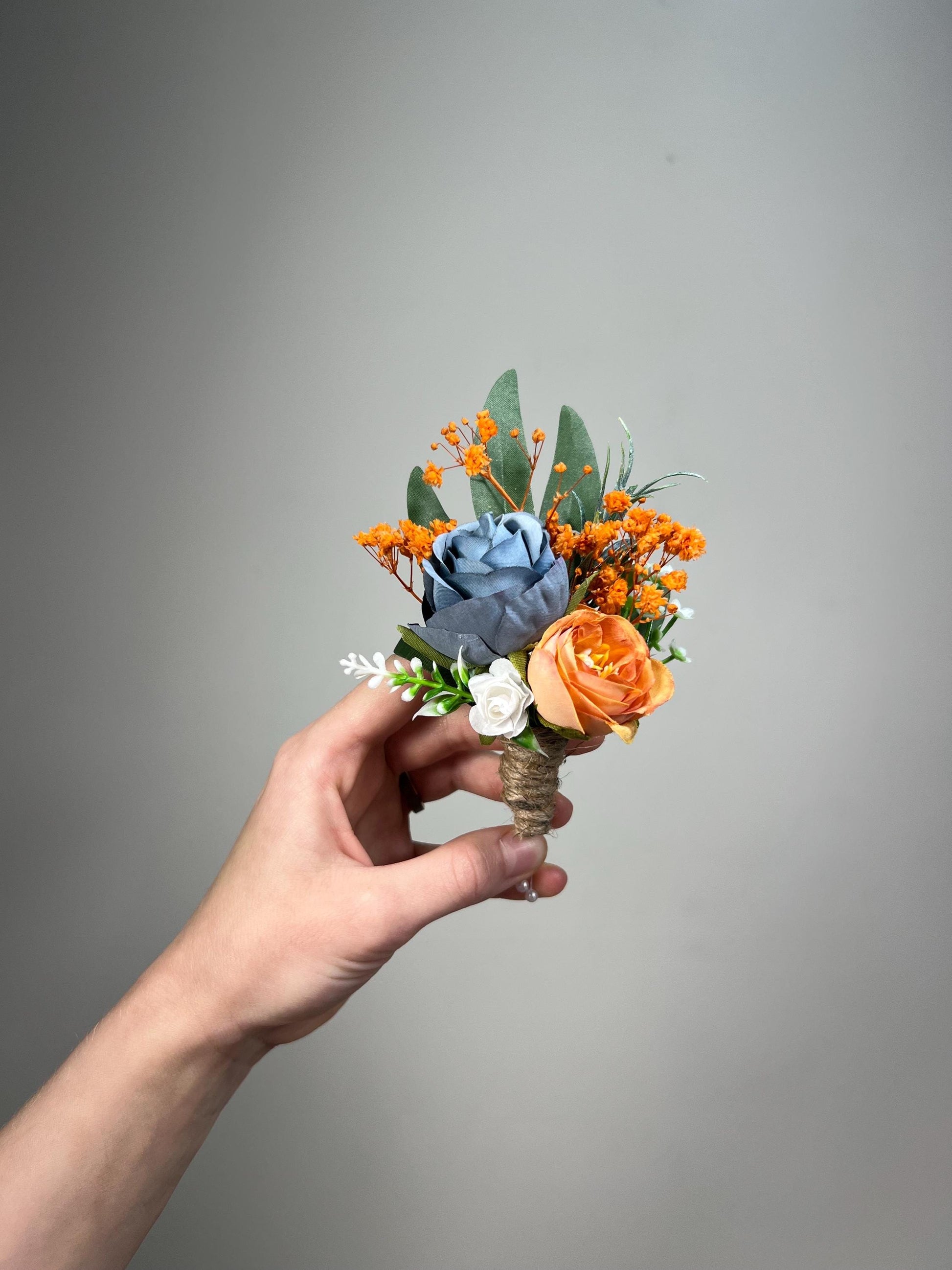Blue Orange Boutonniere Wedding Dusty Blue Burnt Orange Groom Boutonnière White Groomsmen Dusty Blue Terracotta Boutonniere Artificial