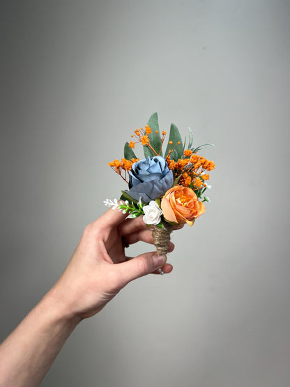 Dusty Blue Orange Corsage Wedding Blue Terracotta Wrist Corsage Dusty Blue Burnt Orange Corsage Bridesmaids White Blue Orange Mom Corsage