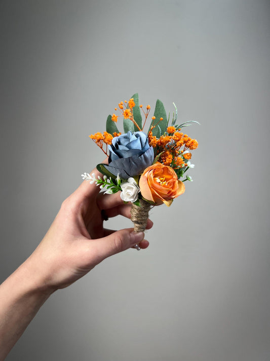 Blue Orange Boutonniere Wedding Dusty Blue Burnt Orange Groom Boutonnière White Groomsmen Dusty Blue Terracotta Boutonniere Artificial