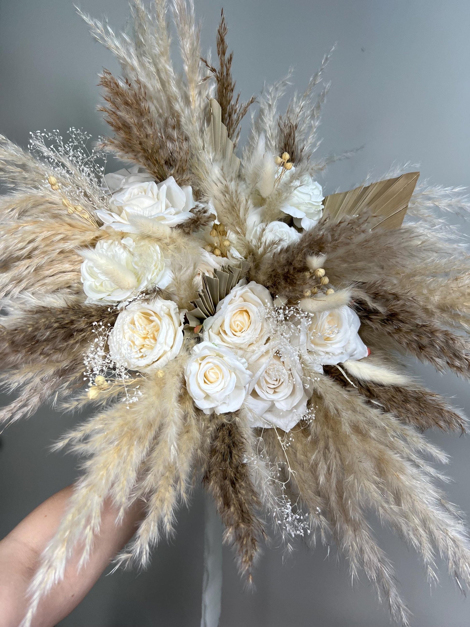 White Bouquet Wedding Boho Bridal Pampas Grass Bouquet White Bridesmaids Ivory Beige Bouquet Palm Leaves Baby Breath Artificial Flowers
