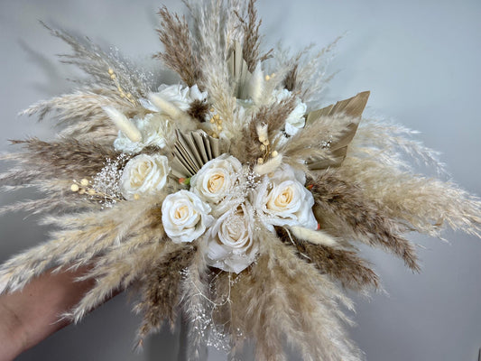 White Bouquet Wedding Boho Bridal Pampas Grass Bouquet White Bridesmaids Ivory Beige Bouquet Palm Leaves Baby Breath Artificial Flowers