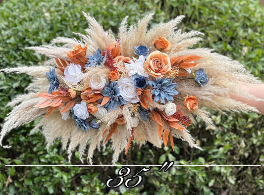 Dusty Blue Orange Arch Arrangement Wedding Boho Terracotta Dusty Blue Arbor Arrangement Pampas Grass Burnt Orange Blue Rust Backdrop Flowers
