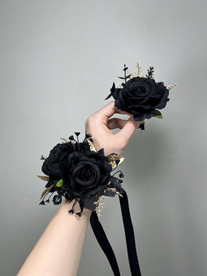 Black Corsage Wedding Black Gold Wrist Corsage Gothic Black Corsage Bridesmaids Gold Black Prom Corsage Mom Black Artificial Flowers