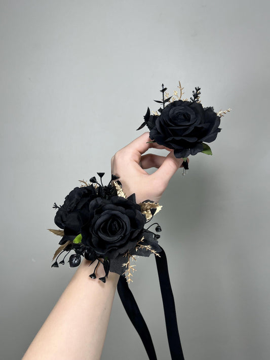 Black Corsage Wedding Black Gold Wrist Corsage Gothic Black Corsage Bridesmaids Gold Black Prom Corsage Mom Black Artificial Flowers