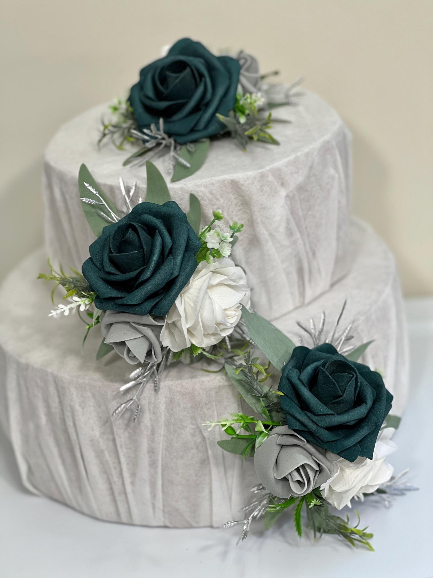 Teal Cake Decoration White Cake Topper Dark Teal Decor Cake Arrangements Teal White Gray Wedding Cake Decoration Silver Flower Topper