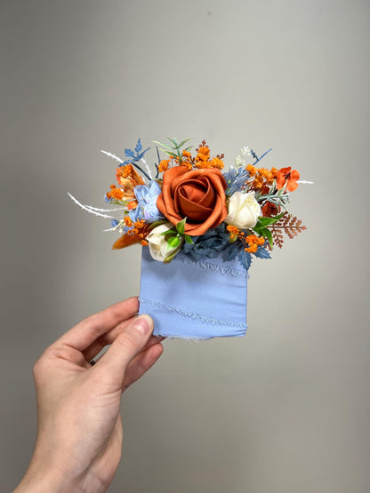 Terracotta Blue Pocket Boutonniere Wedding Dusty Blue Burnt Orange Groom Boutonnière Square White Groomsmen Dusty Blue Rust Boutonniere