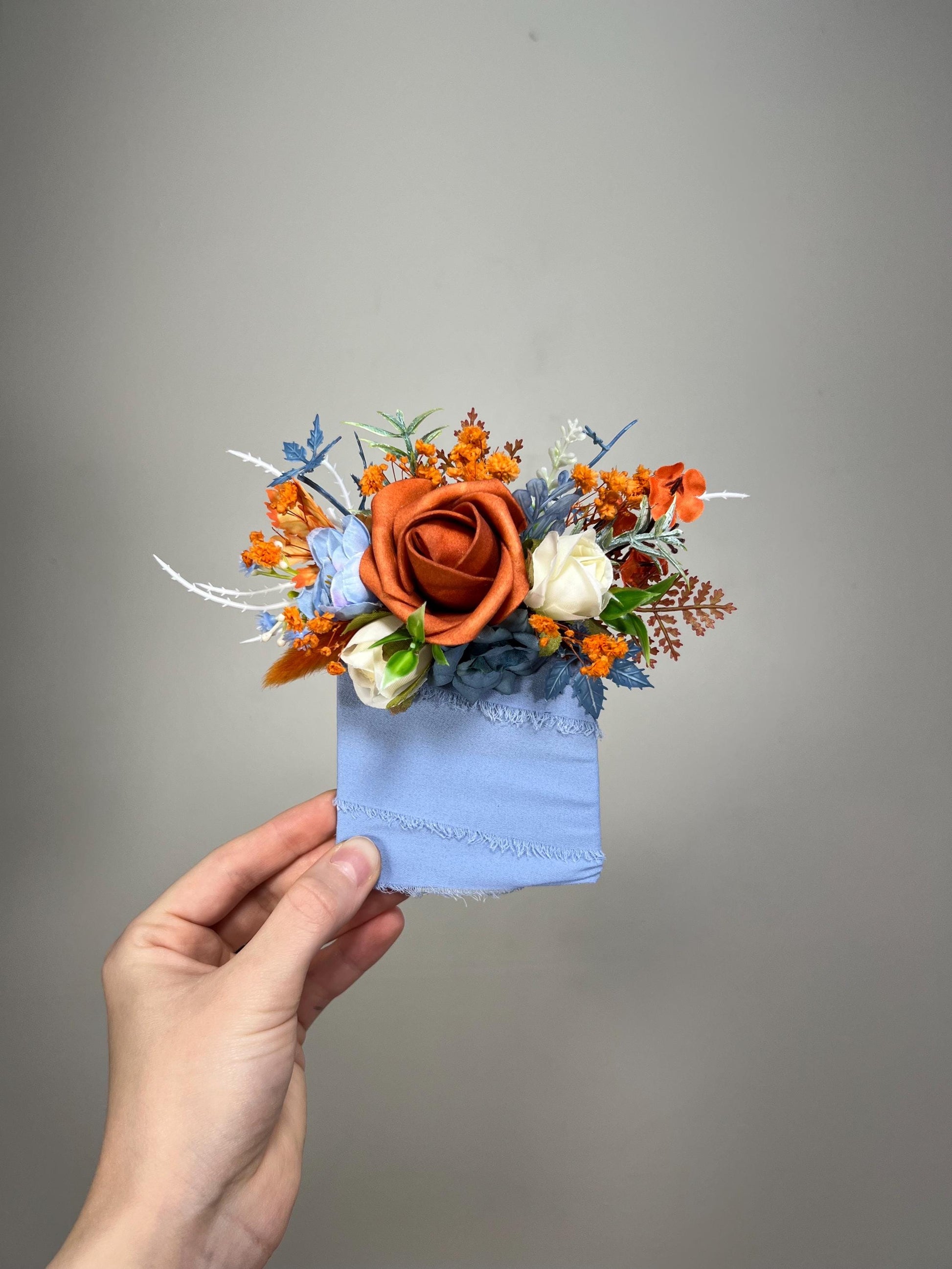 Terracotta Blue Pocket Boutonniere Wedding Dusty Blue Burnt Orange Groom Boutonnière Square White Groomsmen Dusty Blue Rust Boutonniere