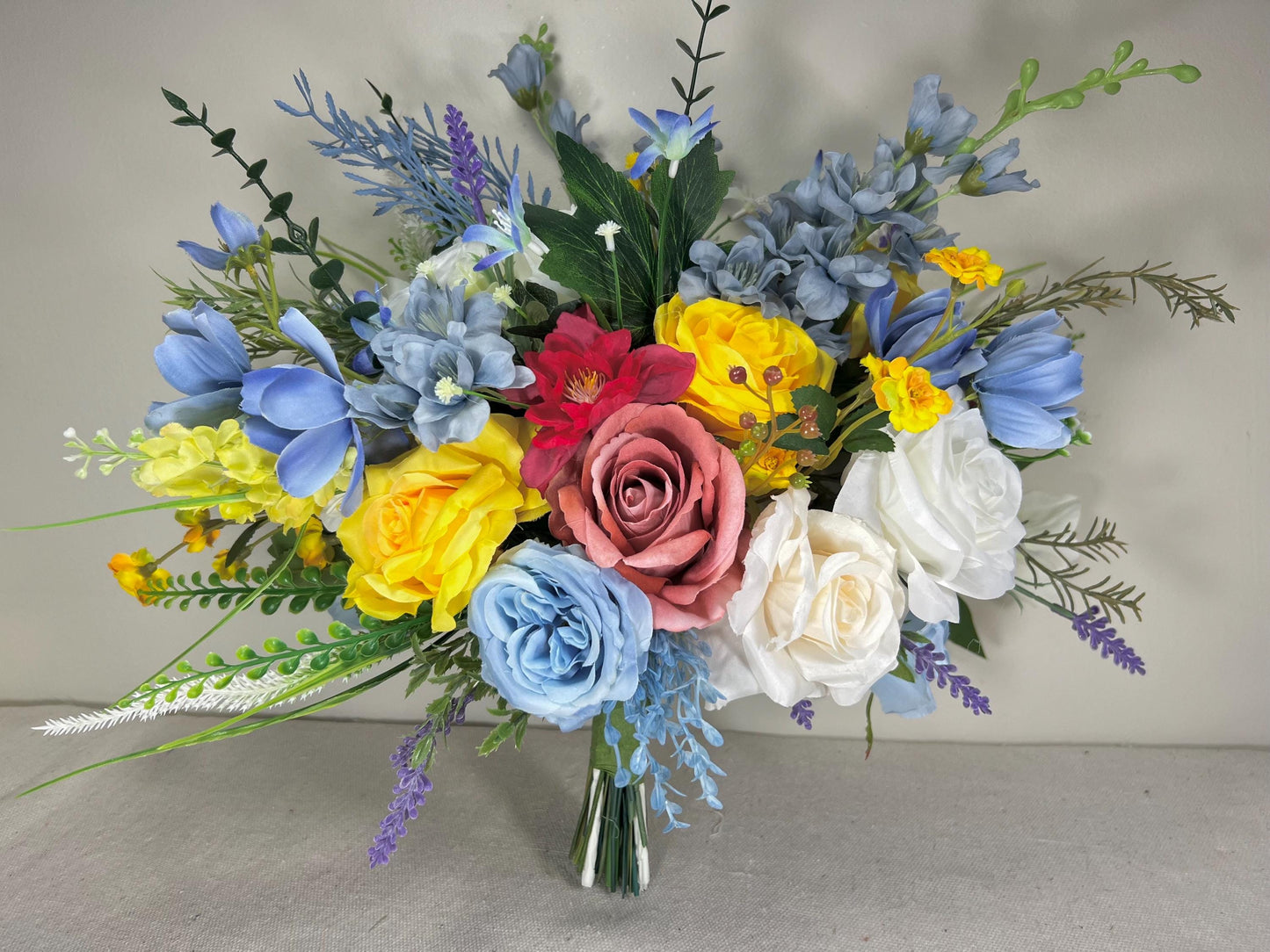 Summer Bouquet WildFlowers White Blue Bridal Yellow Spring Bouquet Ivory Dusty Blue Light Bridesmaids Bouquet Colorful Artificial Flowers