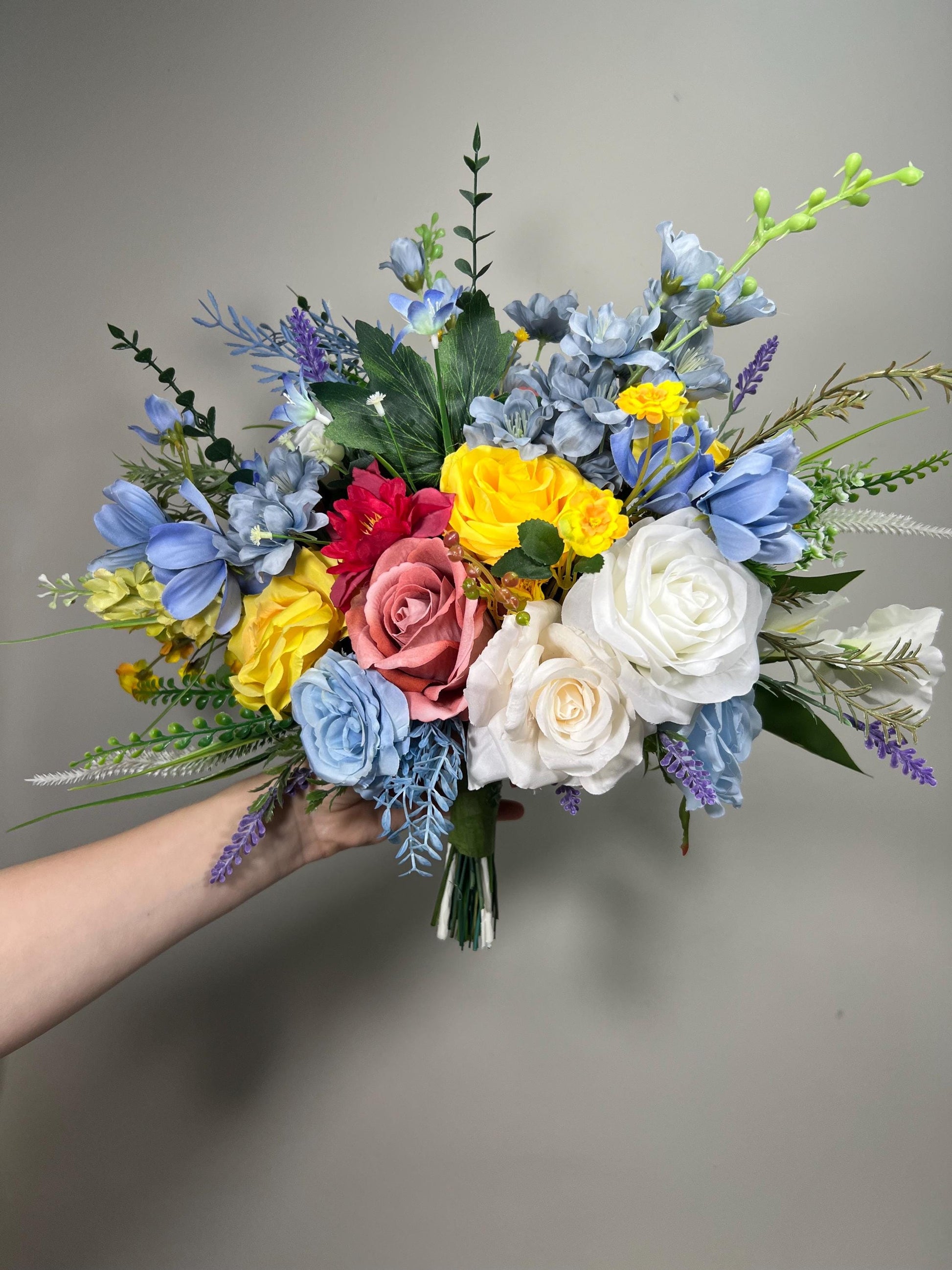 Summer Bouquet WildFlowers White Blue Bridal Yellow Spring Bouquet Ivory Dusty Blue Light Bridesmaids Bouquet Colorful Artificial Flowers
