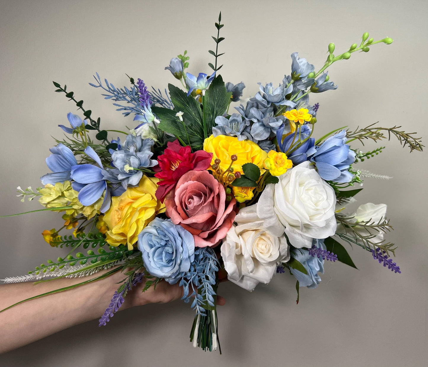 Summer Bouquet WildFlowers White Blue Bridal Yellow Spring Bouquet Ivory Dusty Blue Light Bridesmaids Bouquet Colorful Artificial Flowers