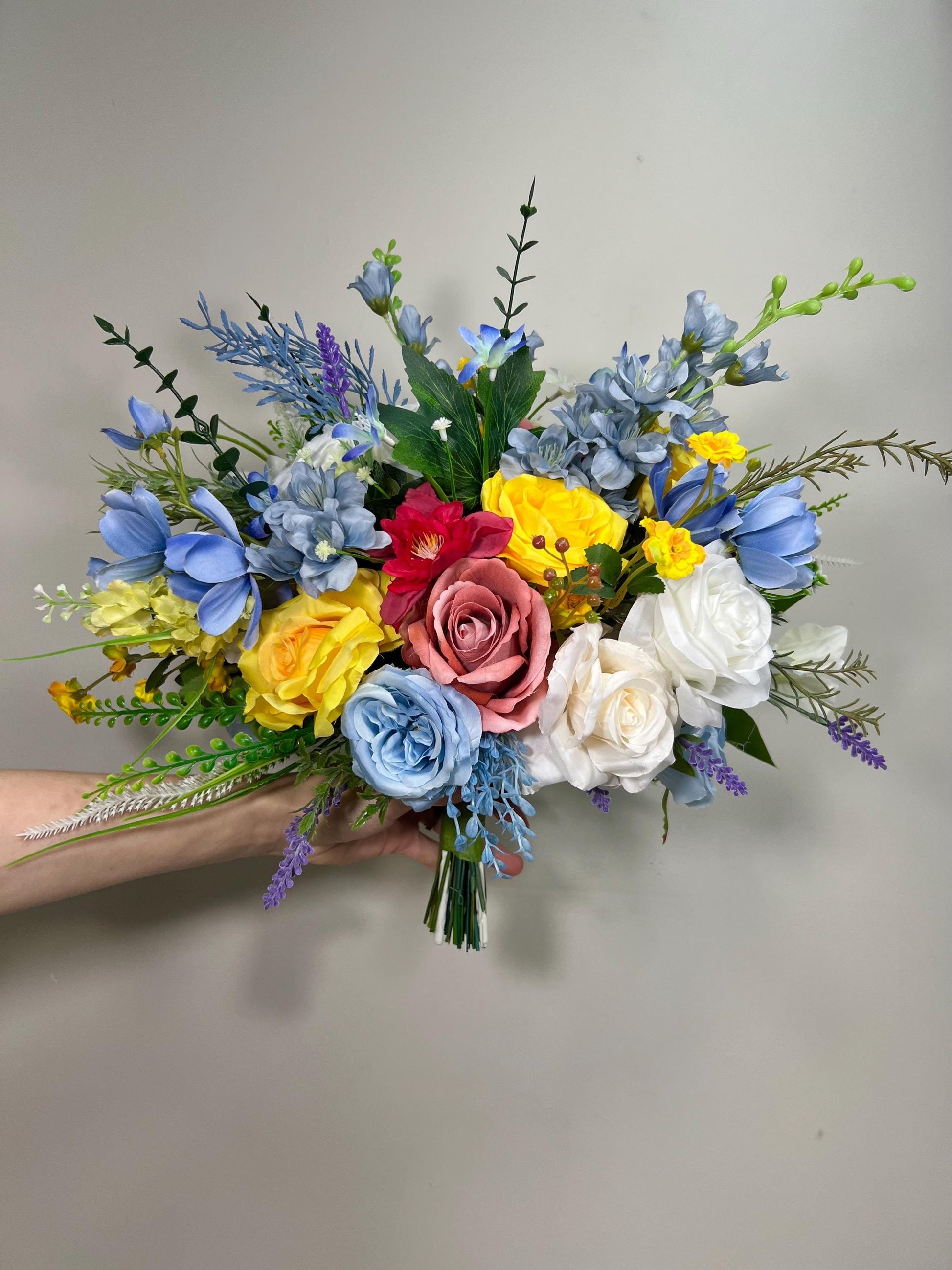 Summer Bouquet WildFlowers White Blue Bridal Yellow Spring Bouquet Ivory Dusty Blue Light Bridesmaids Bouquet Colorful Artificial Flowers