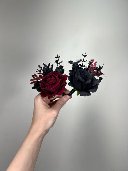 Black Burgundy Boutonniere Wedding Groom Black Boutonniere Gothic Burgundy Groomsmen Boutonnière Black Prom Wine Red Artificial Flowers