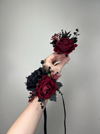 Black Burgundy Boutonniere Wedding Groom Black Boutonniere Gothic Burgundy Groomsmen Boutonnière Black Prom Wine Red Artificial Flowers