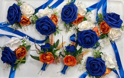 Orange Royal Blue Boutonniere Wedding Blue Burnt Orange Boutonnière Groom White Terracotta Royal Blue Boutonnières Artificial Flowers